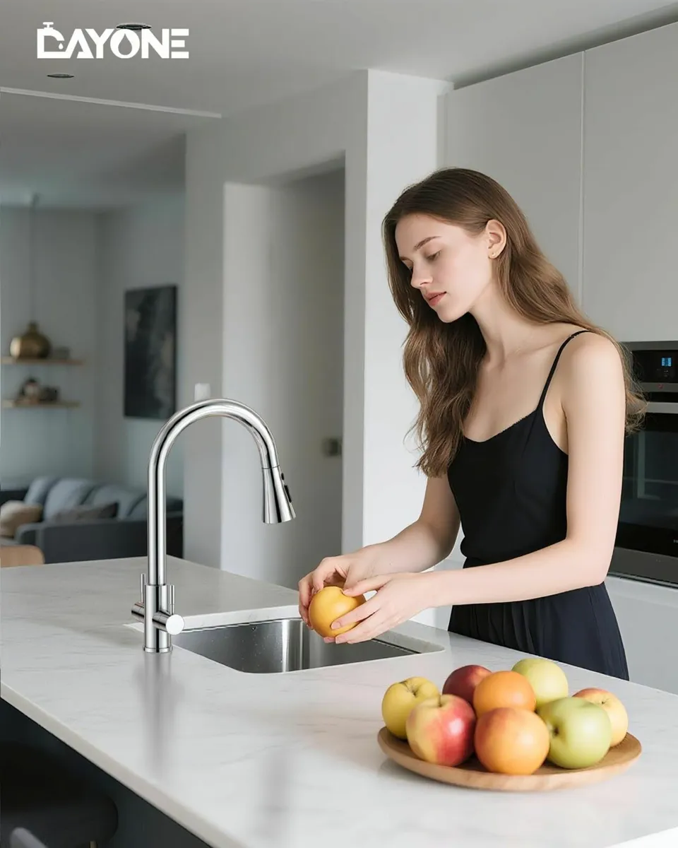 Chrome Pull-Out Kitchen Tap Dual Lever Sink Mixer - Image 2