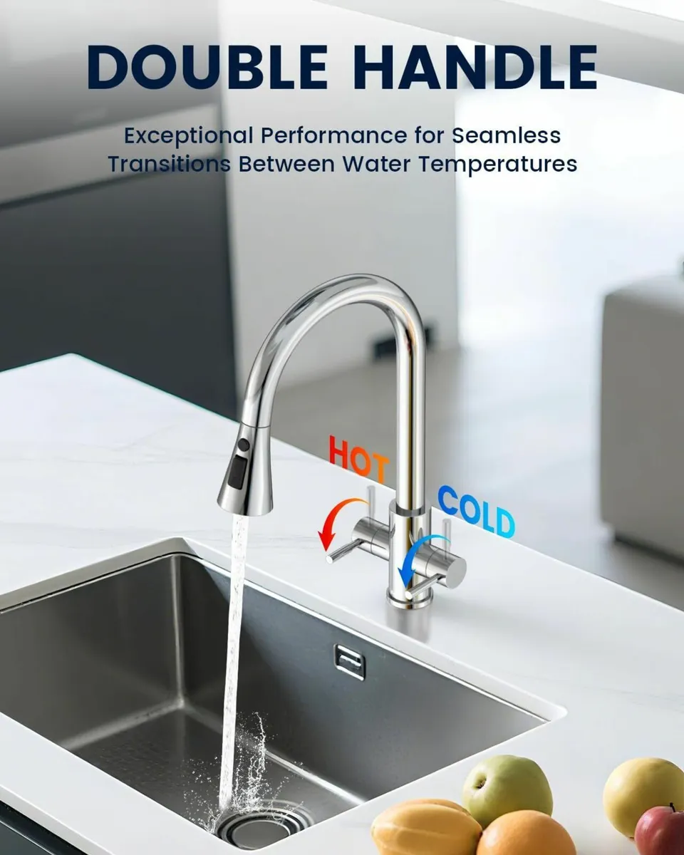 Chrome Pull-Out Kitchen Tap Dual Lever Sink Mixer - Image 3