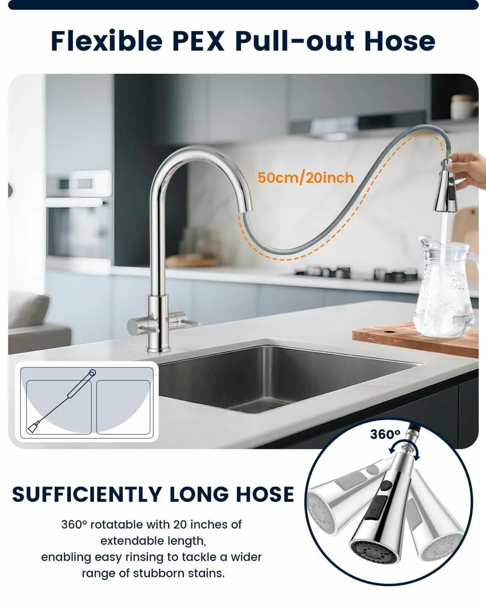 Chrome Pull-Out Kitchen Tap Dual Lever Sink Mixer - Image 4