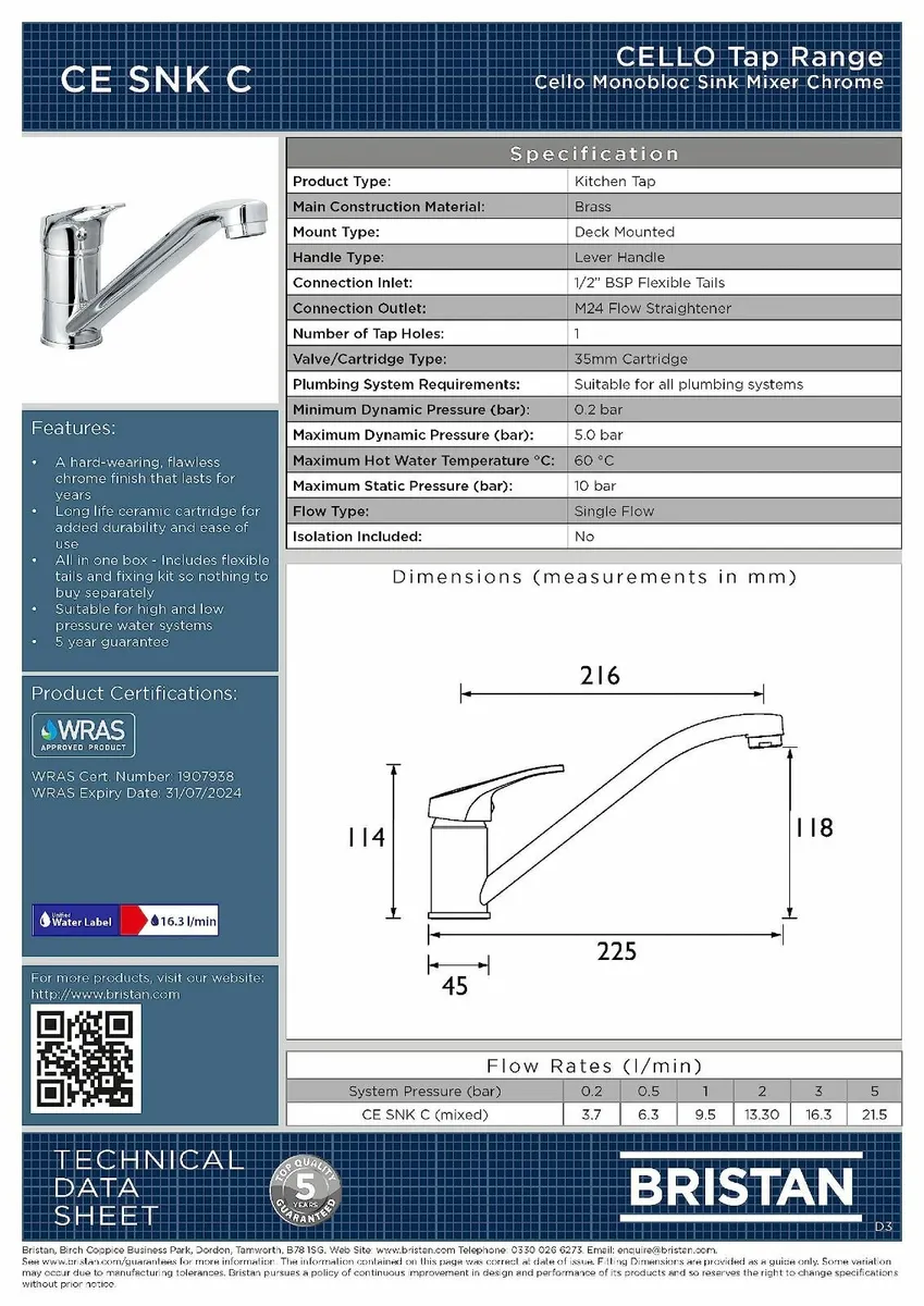 CE SNK C Cello Monobloc Sink Mixer Mono Kitchen Ch - Image 2