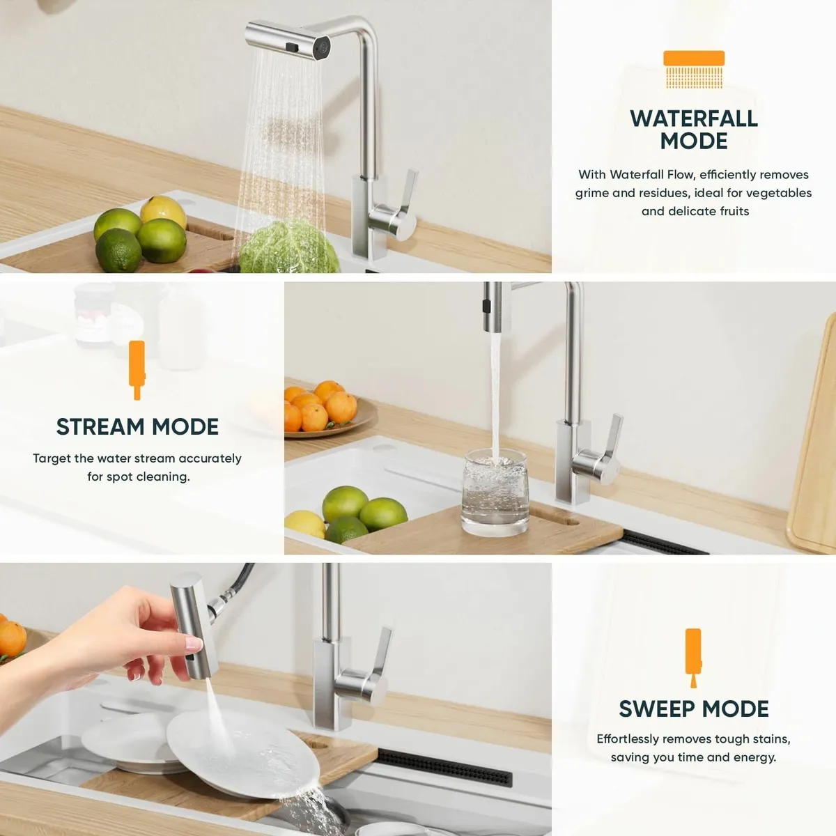 Waterfall Kitchen Tap Pull Out Spray 3-Function Si - Image 3