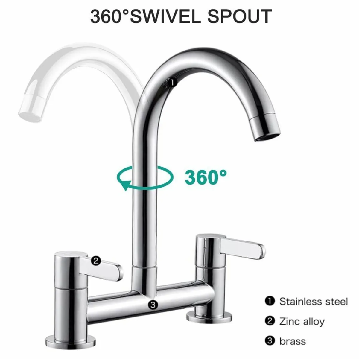 Dual Lever Kitchen taps Mixers 2 Hole Deck Mounted - Image 3