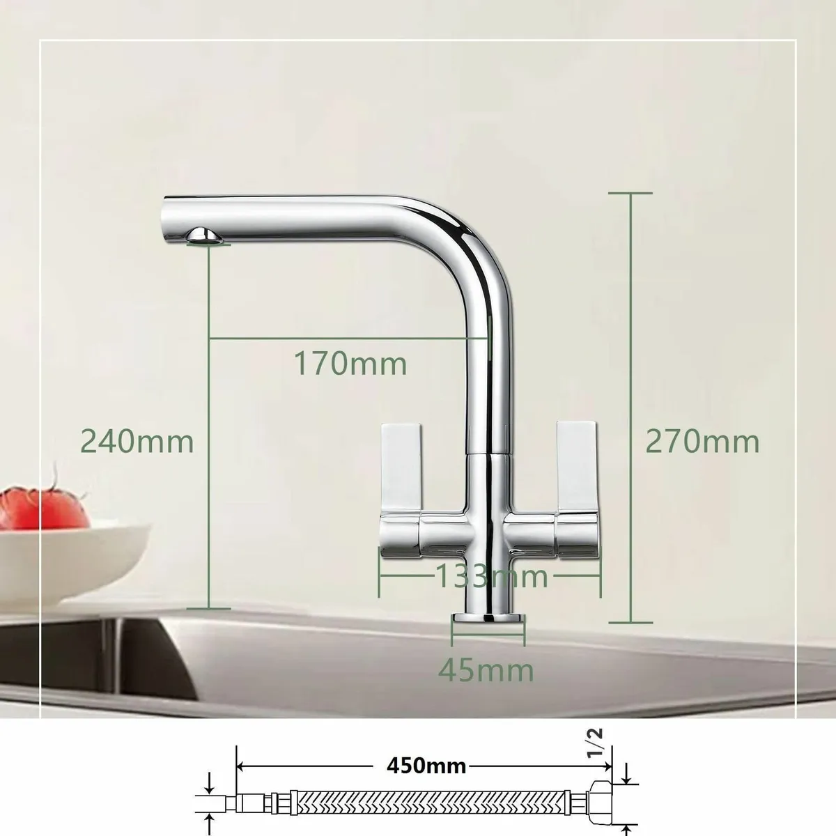 Dual Lever Kitchen Taps L-Shape Sink Mixer Tap Rec - Image 3