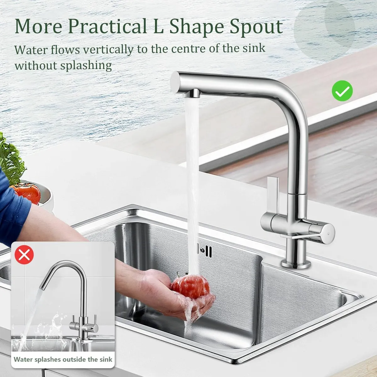 Dual Lever Kitchen Taps L-Shape Sink Mixer Tap Rec - Image 4