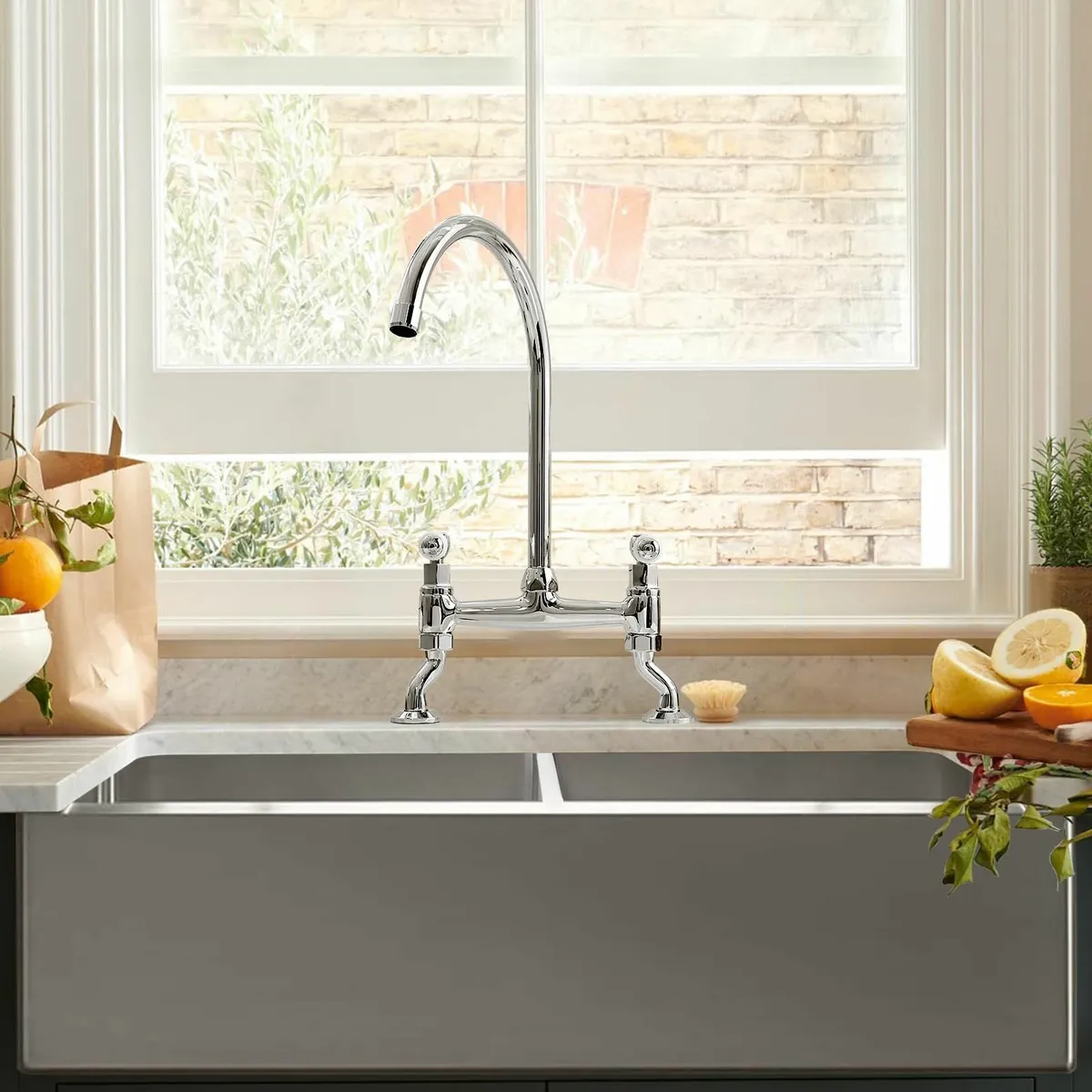 Traditional Kitchen Sink Bridge Mixer Tap Dual Cer - Image 2