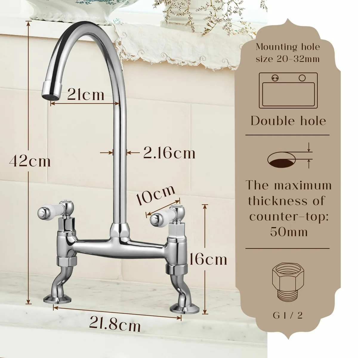 Traditional Kitchen Sink Bridge Mixer Tap Dual Cer - Image 3