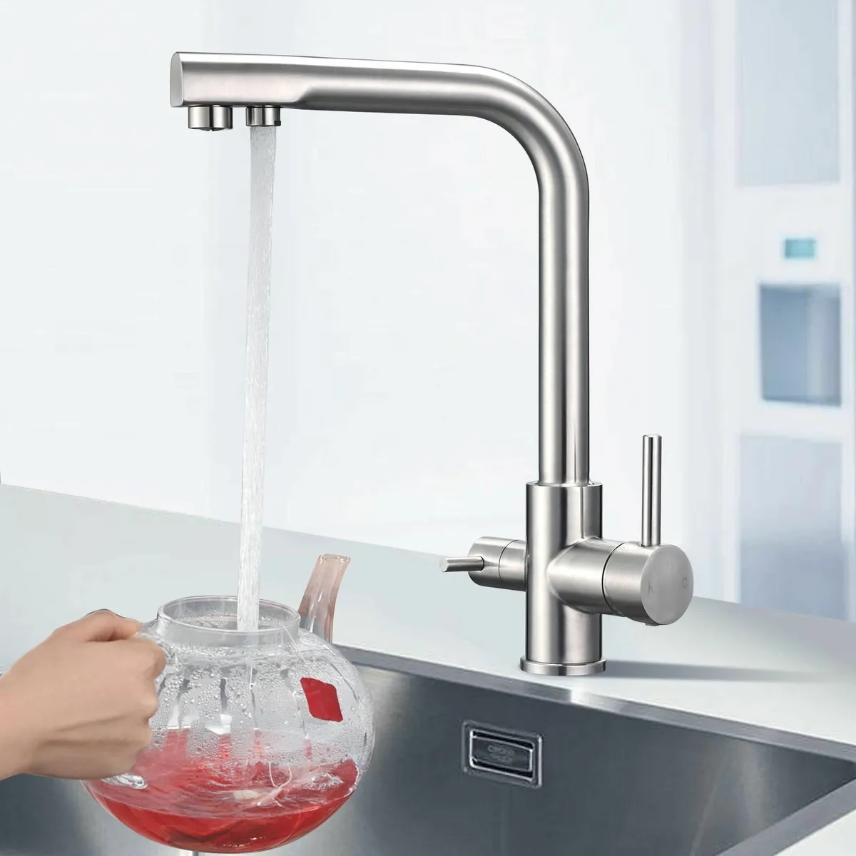 3 Way Kitchen Tap Water Filter Brushed Nickel Thre - Image 2