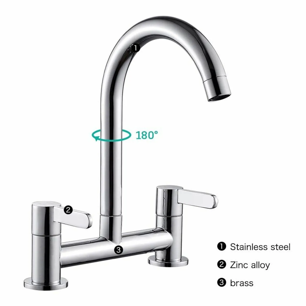Kitchen Sink Mixer Taps 2 Hole Faucet 360° Swivel - Image 4