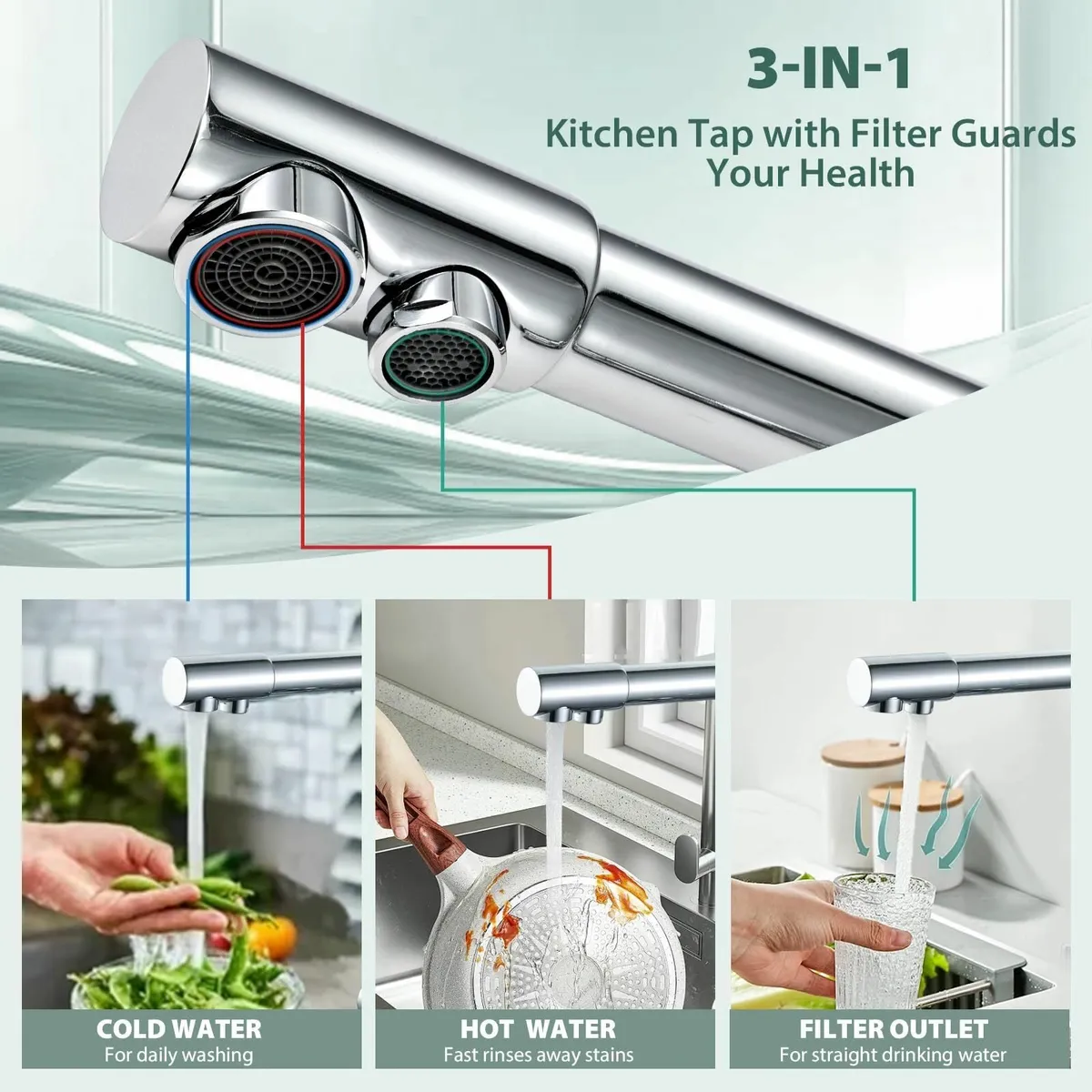 3 Way Kitchen Tap Chrome in 1 Water Filter for Sin - Image 4