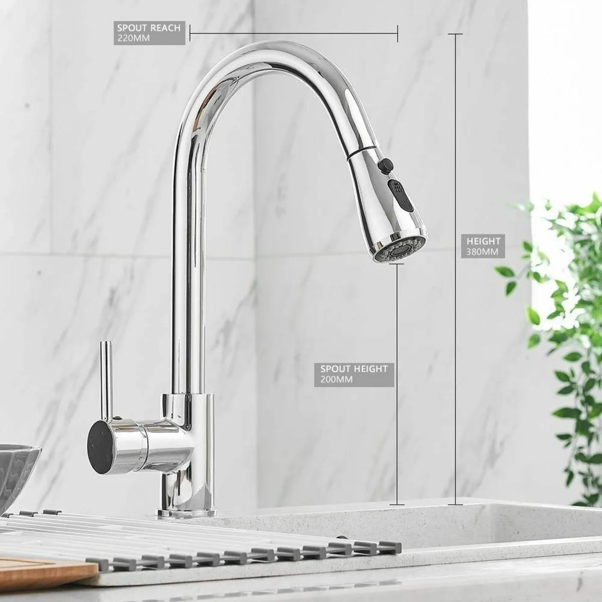 Chrome Kitchen Sink Mixer Tap Pull Down Sprayer Si - Image 3