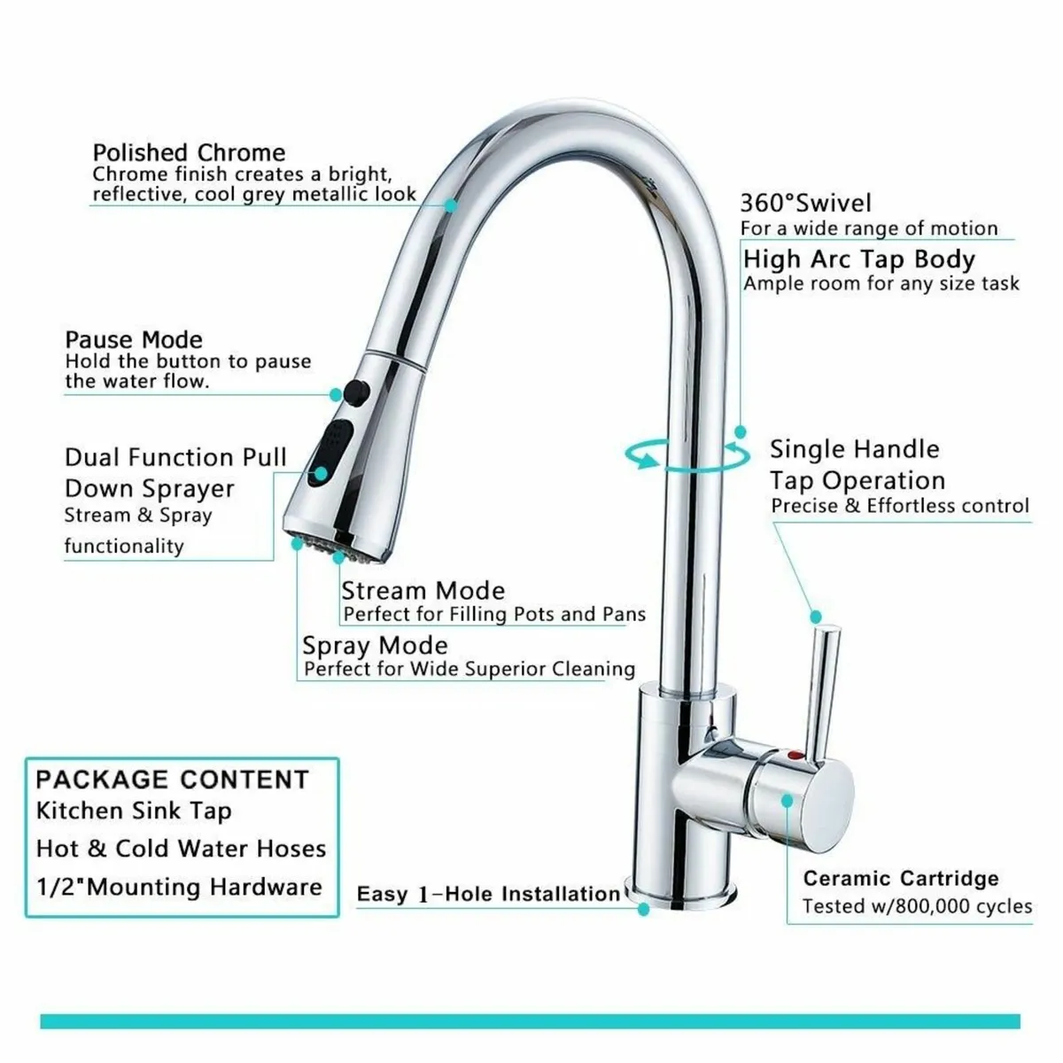 Chrome Kitchen Sink Mixer Tap Pull Down Sprayer Si - Image 4