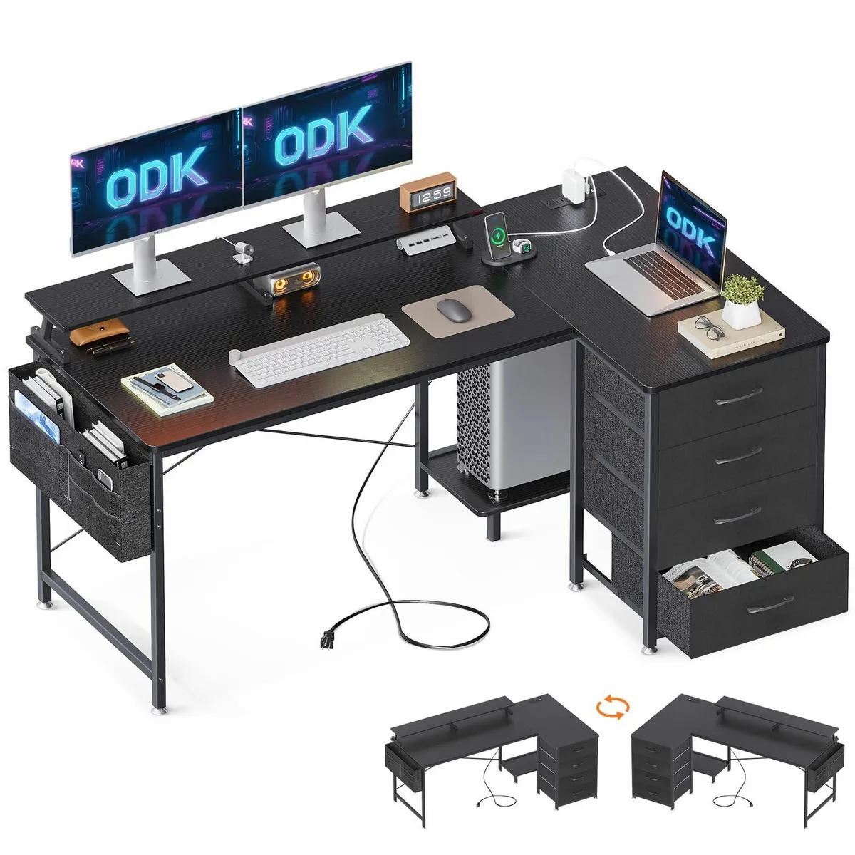Corner Desk Drawers L Shaped Computer 140x80cm USB - Image 1