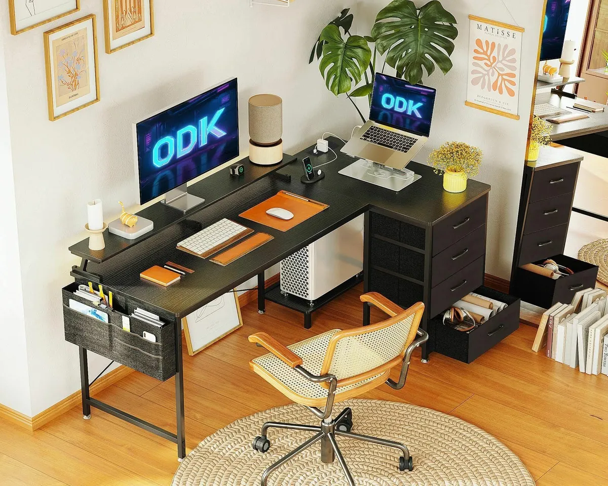 Corner Desk Drawers L Shaped Computer 140x80cm USB - Image 2