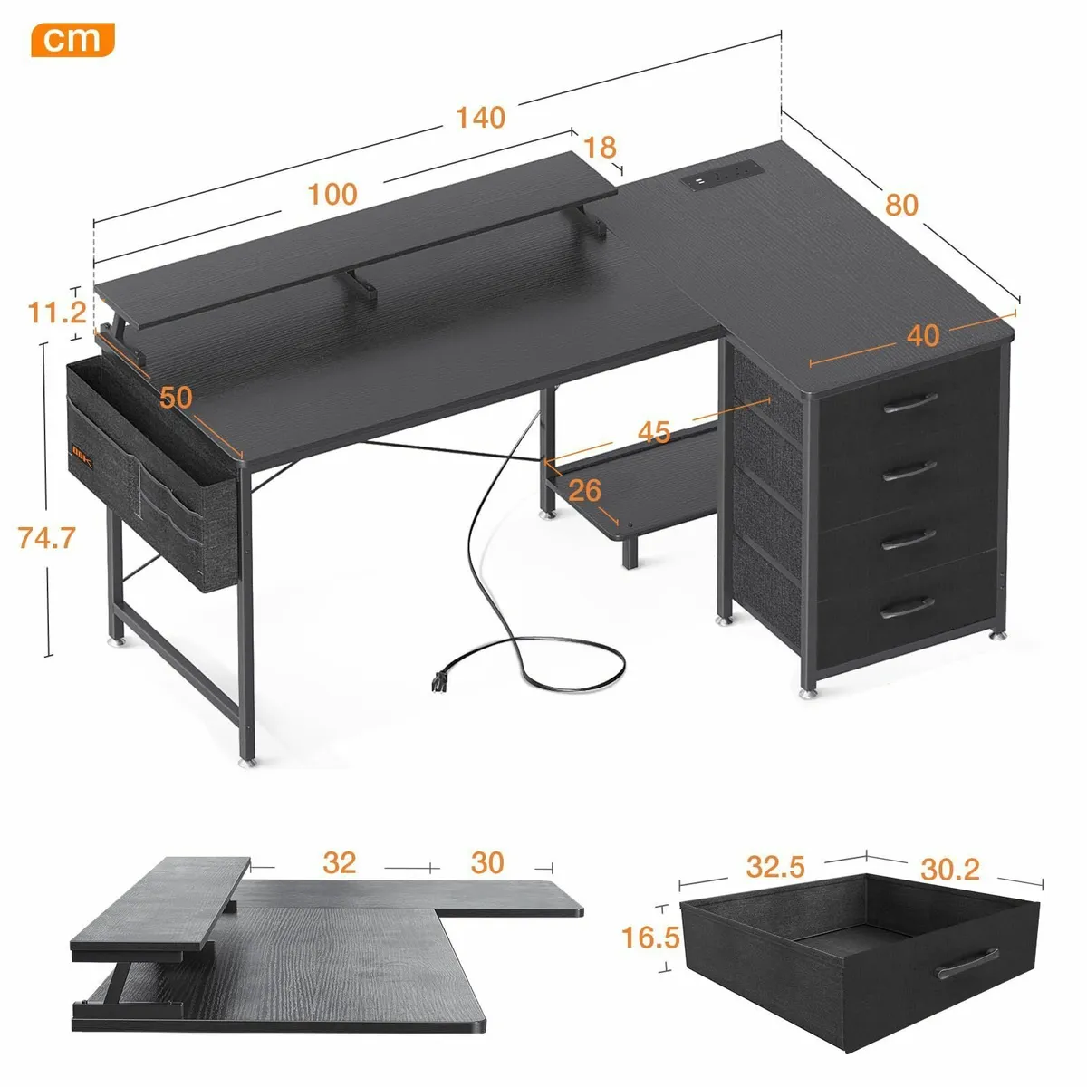 Corner Desk Drawers L Shaped Computer 140x80cm USB - Image 3