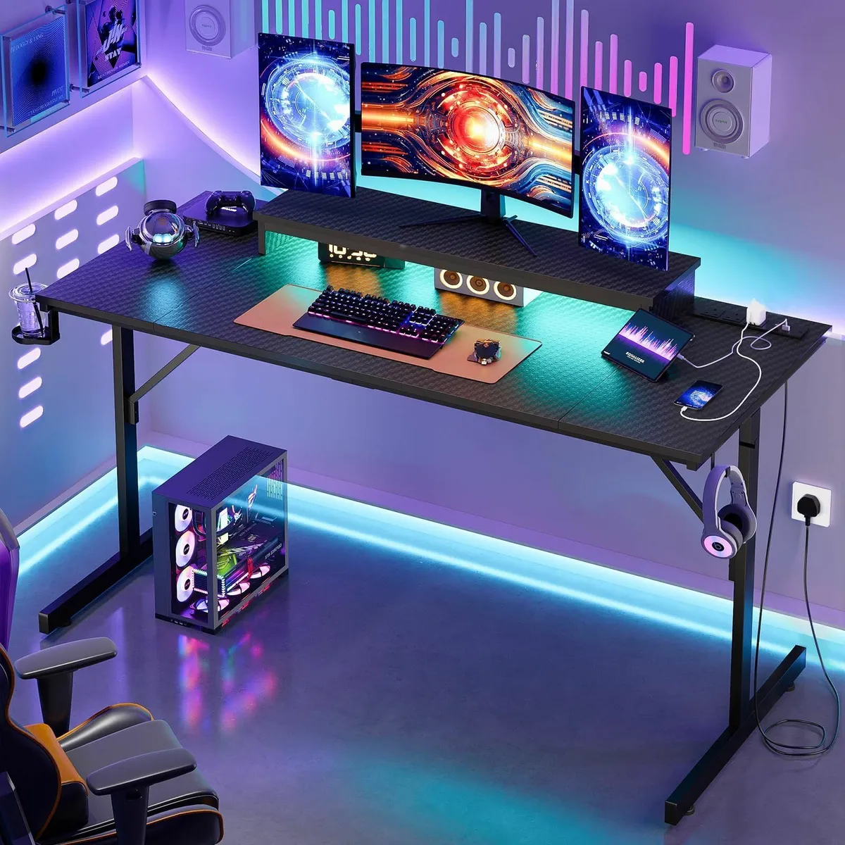 Gaming Desk 131.6 CM Power Outlets & LED Light Com - Image 2
