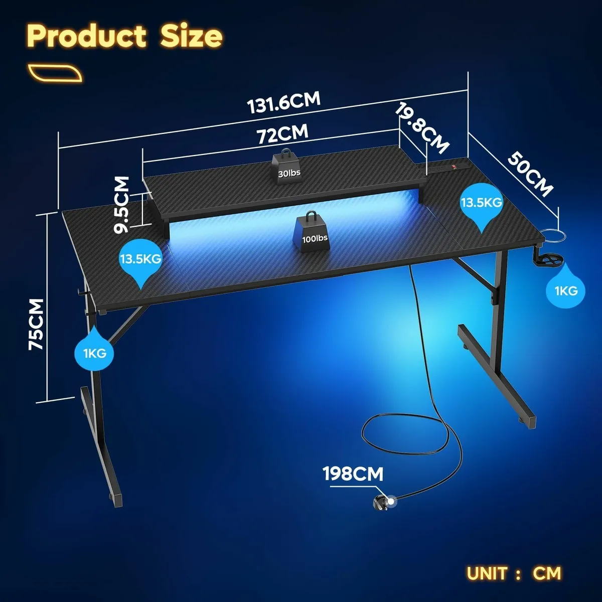 Gaming Desk 131.6 CM Power Outlets & LED Light Com - Image 3