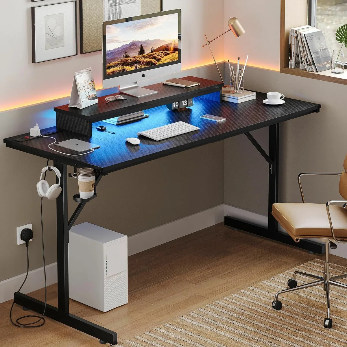 Gaming Desk 131.6 CM Power Outlets & LED Light Com - Image 4