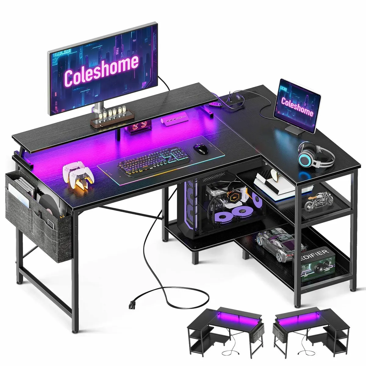 L Shaped Gaming Desk LED Lights 120 × 80 cm Comput - Image 1