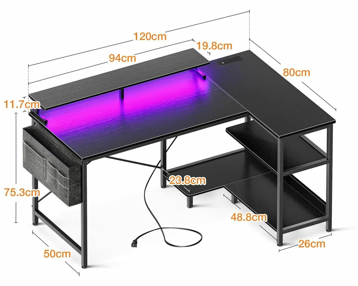 L Shaped Gaming Desk LED Lights 120 × 80 cm Comput - Image 3