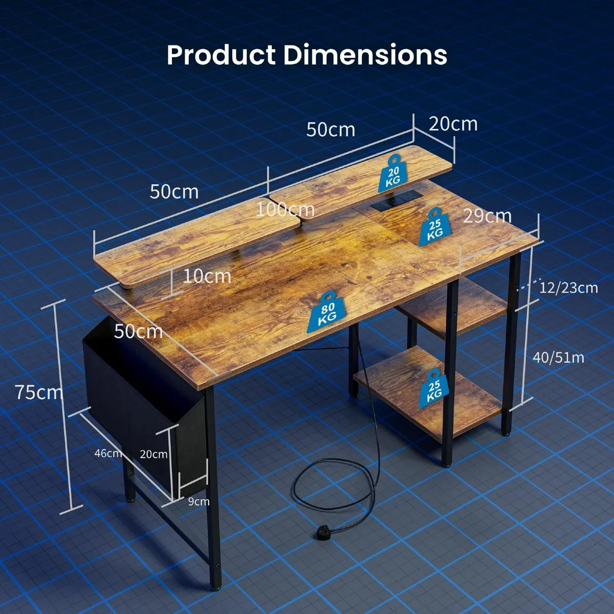 Gaming Desk LED Lights & Power Outlets Reversible - Image 2