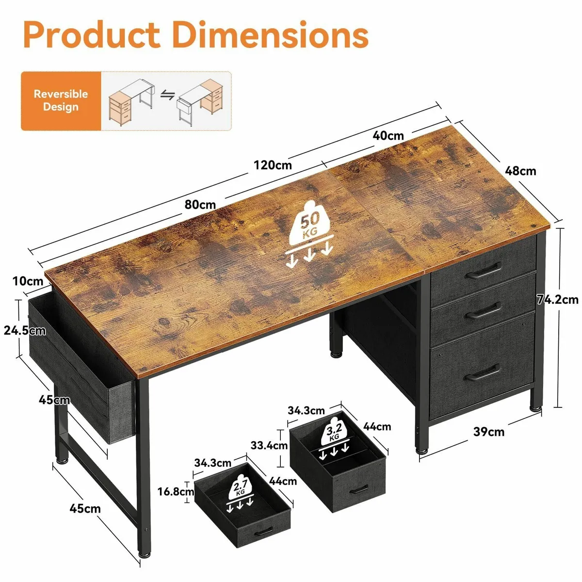 Computer Desk Drawers 120×48cm Office Storage Reve - Image 3