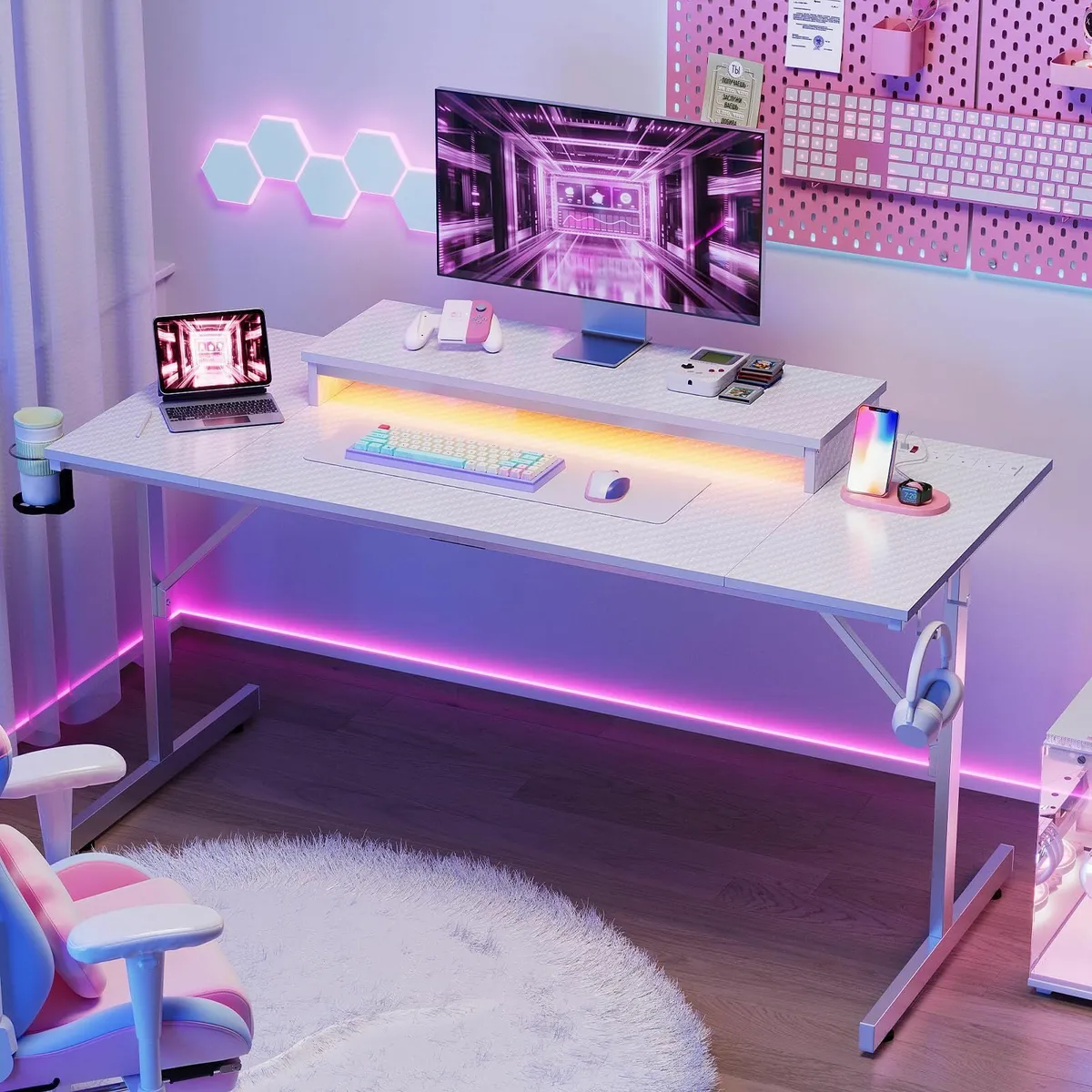 Gaming Desk 131.6 CM Power Outlets & LED Light Com - Image 2