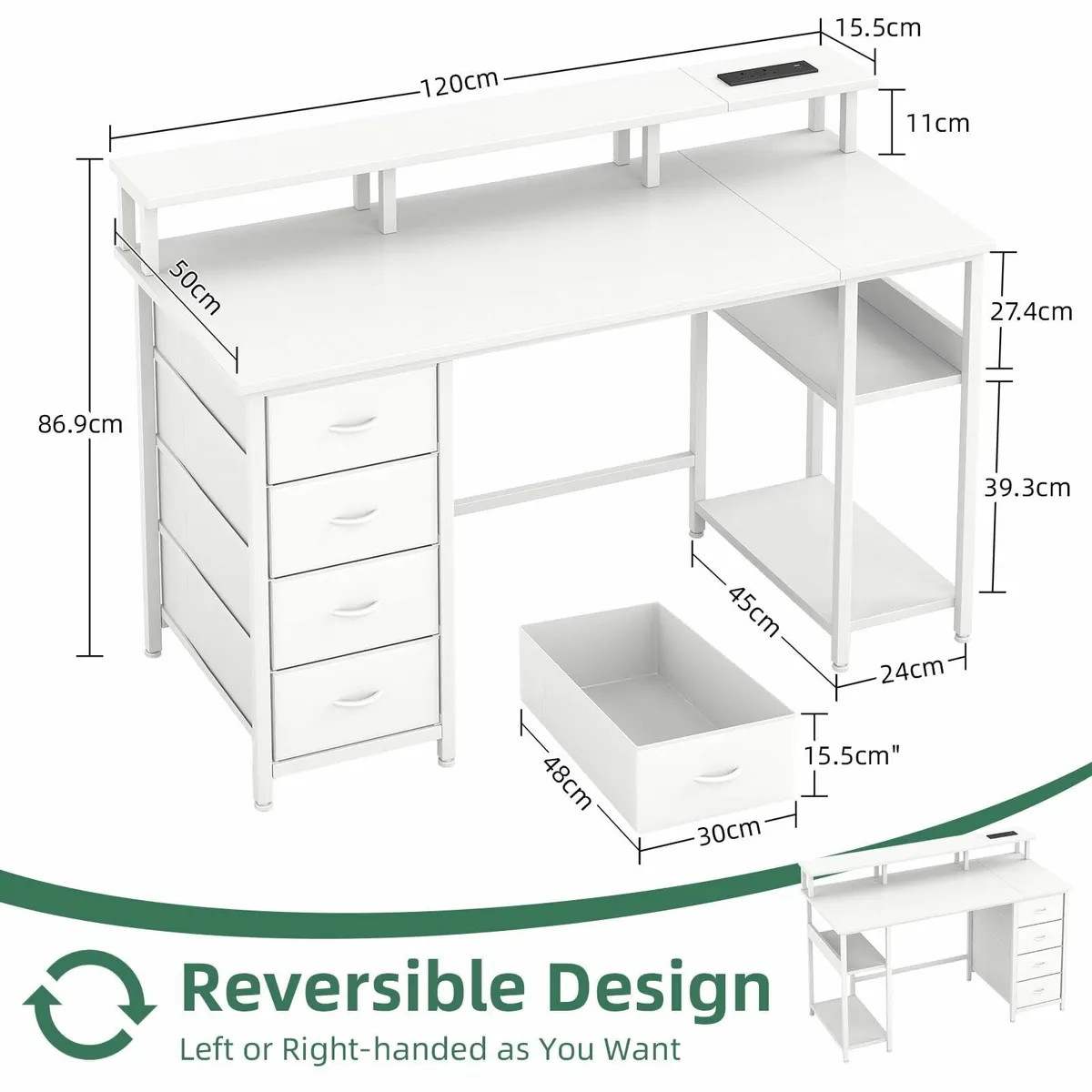 120CM Computer Desk 4 Fabric Drawers Gaming Power - Image 3