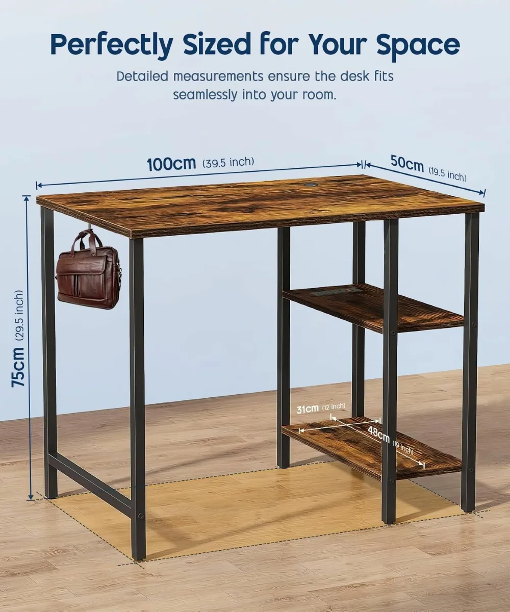 Computer Desk Storage Shelves 100x50cm Rustic 2-Sh - Image 2