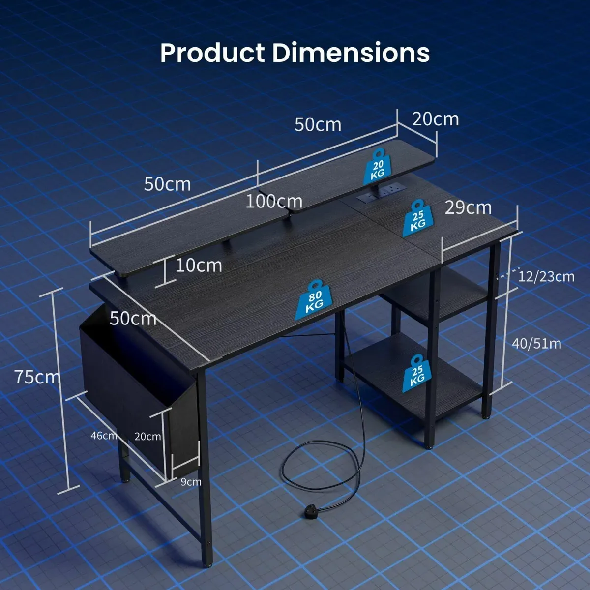 Gaming Desk LED Lights & Power Outlets Reversible - Image 2