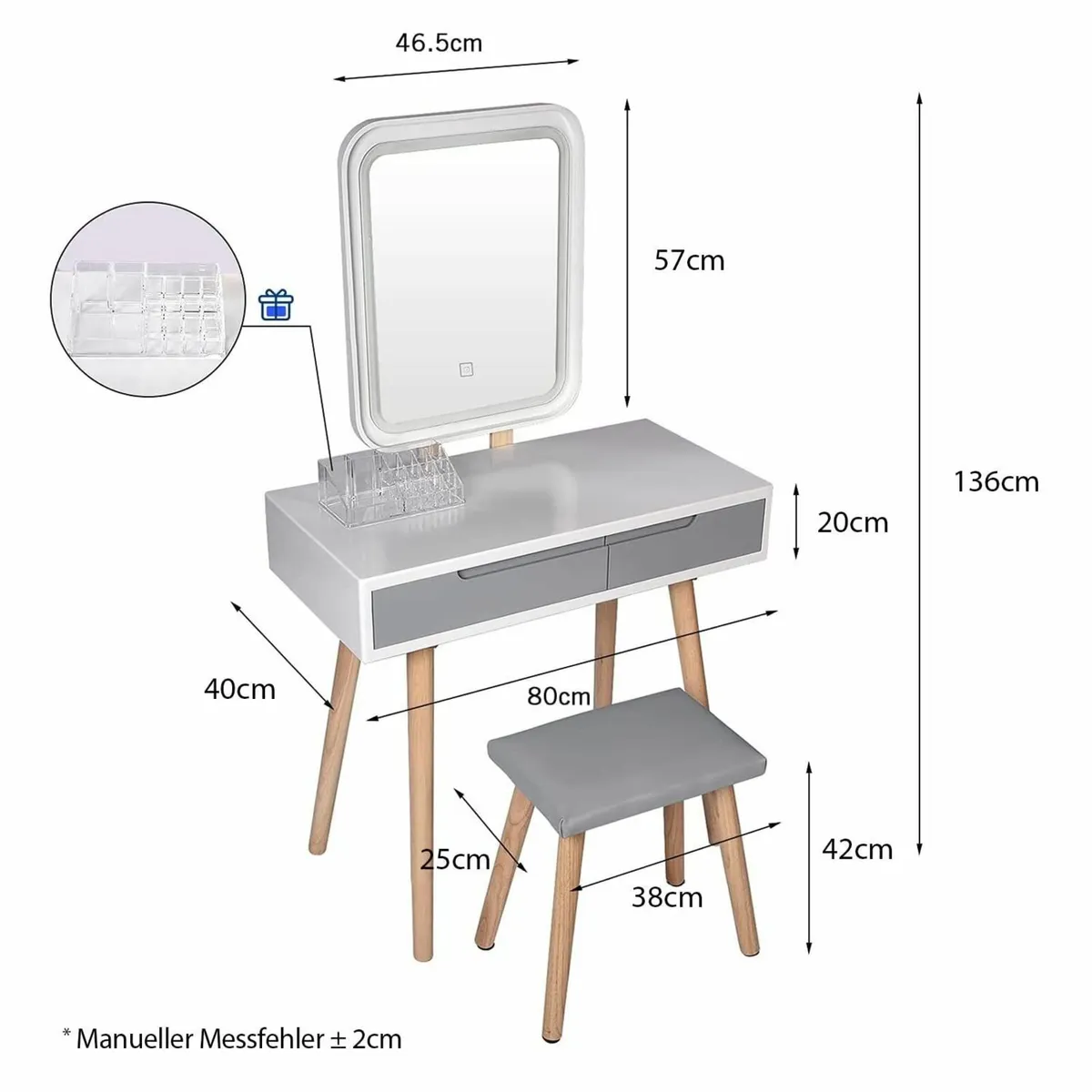 Dressing Table LED Lights Mirror - White Vanity Ma - Image 3
