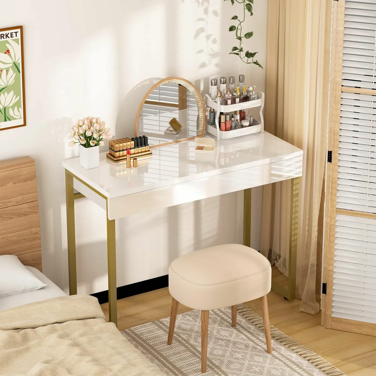 Dressing Table 2 Drawers Glossy White 100 x 40 cm - Image 2