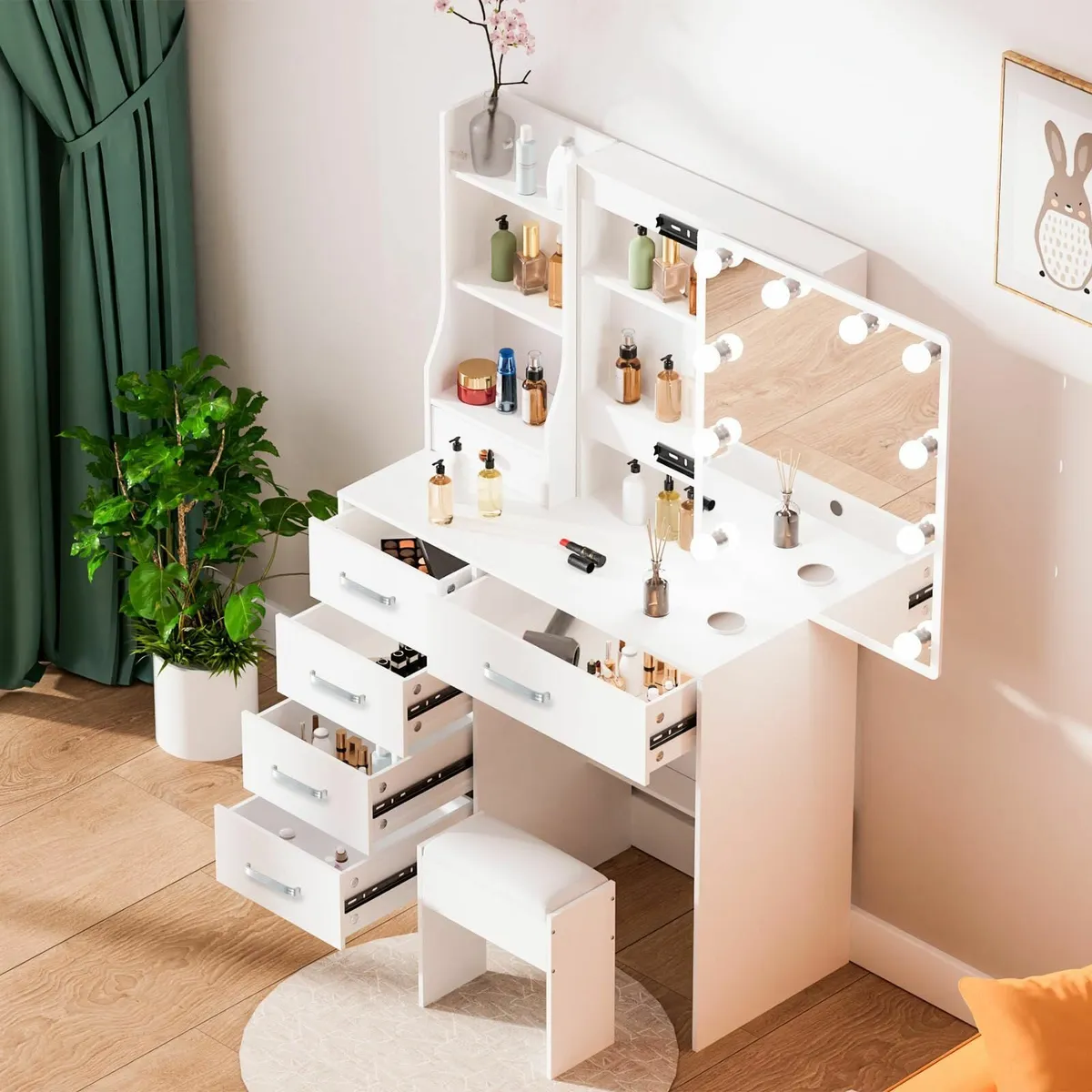 Dressing Table Mirror and Stool Vanity Desk 6 Draw - Image 1