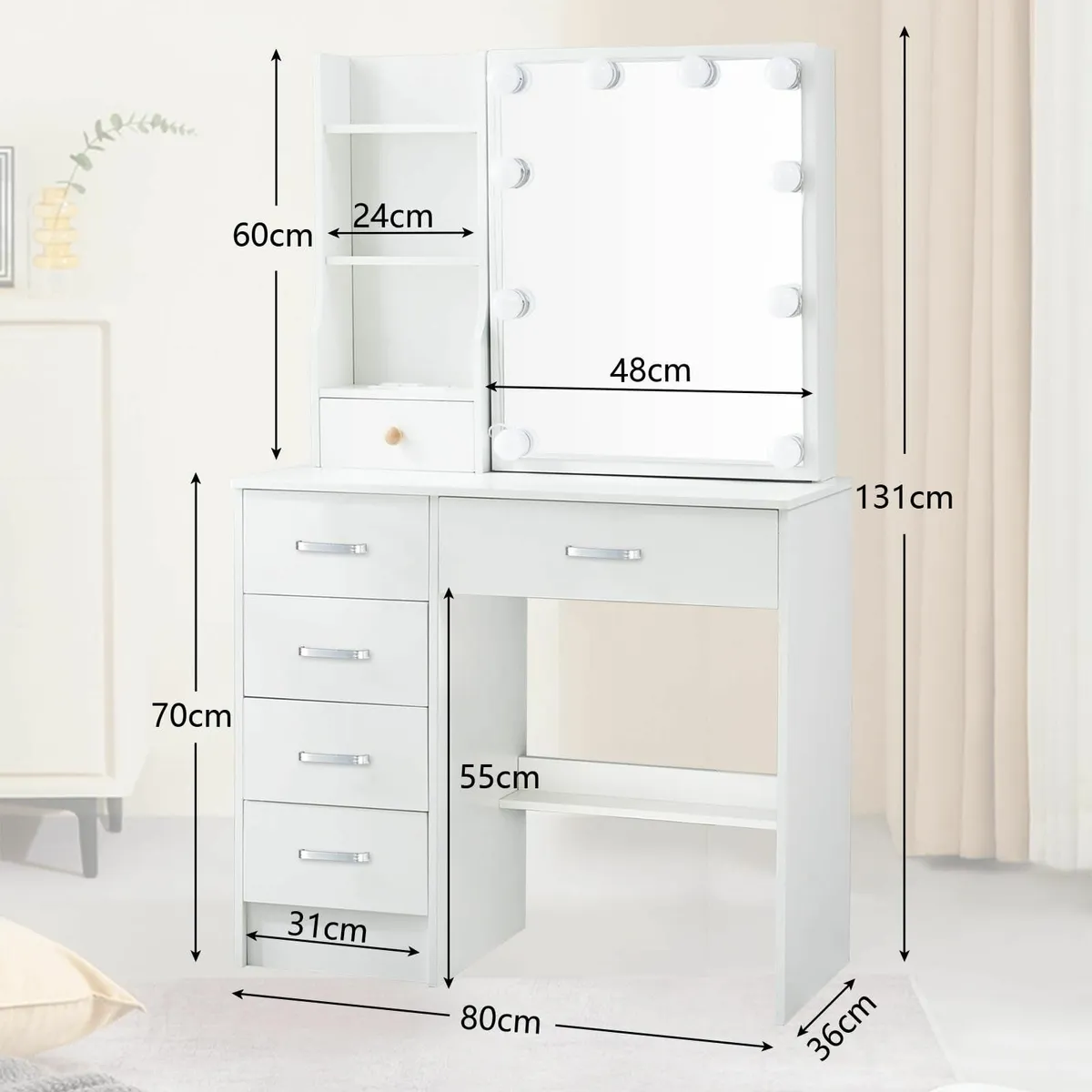 Dressing Table Mirror and Stool Vanity Desk 6 Draw - Image 2