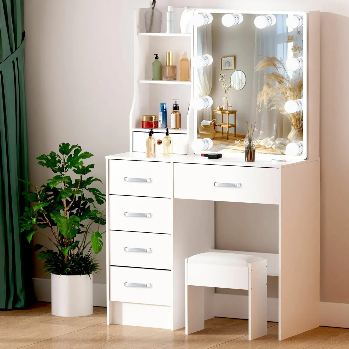 Dressing Table Mirror and Stool Vanity Desk 6 Draw - Image 4