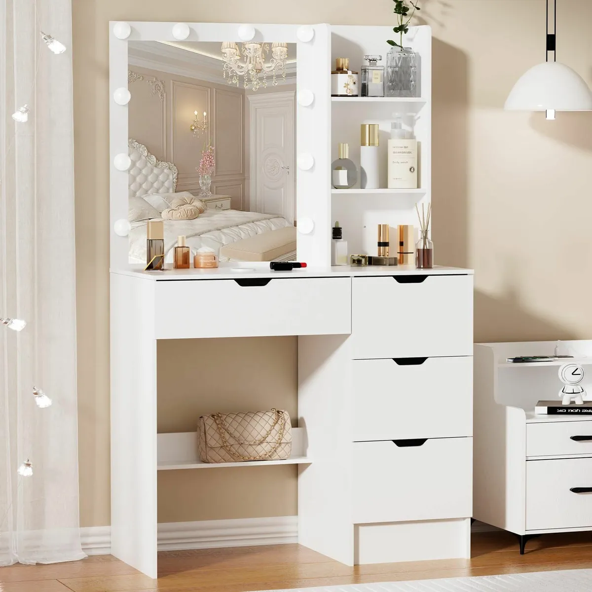 White Dressing Table 4 Large Drawers LED Lighted M - Image 1