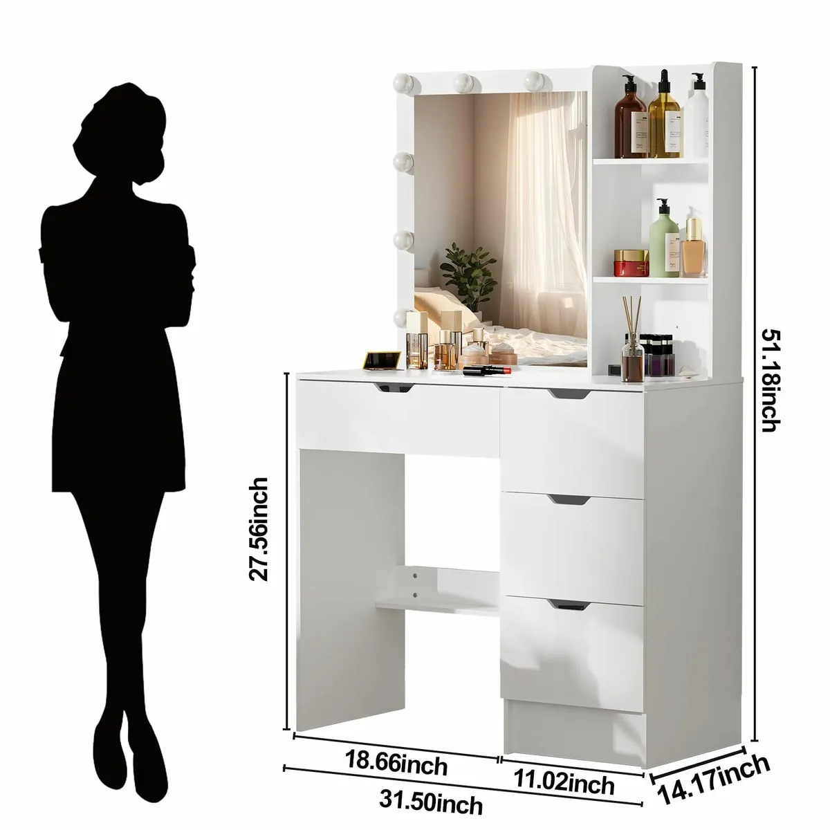 White Dressing Table 4 Large Drawers LED Lighted M - Image 2