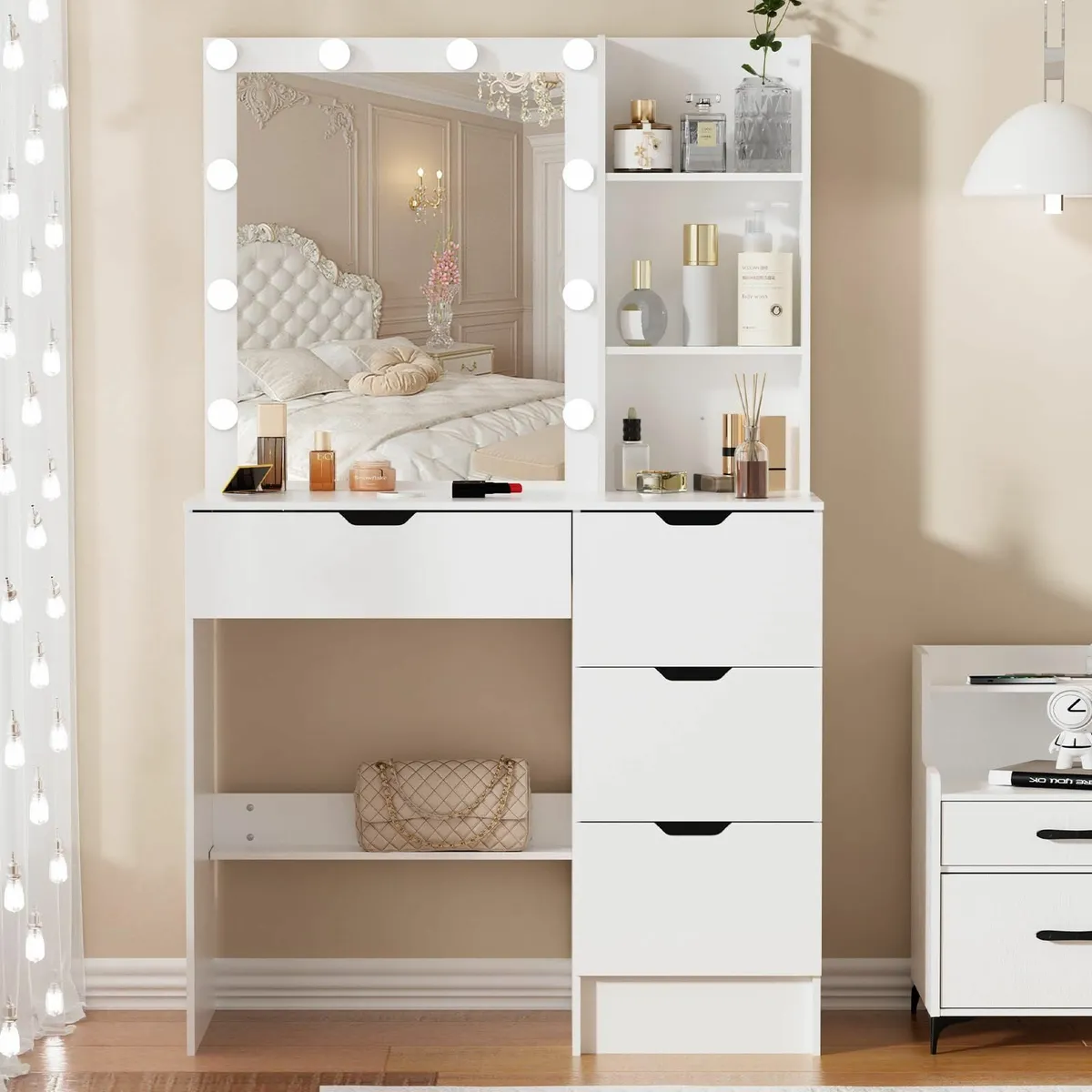 White Dressing Table 4 Large Drawers LED Lighted M - Image 3