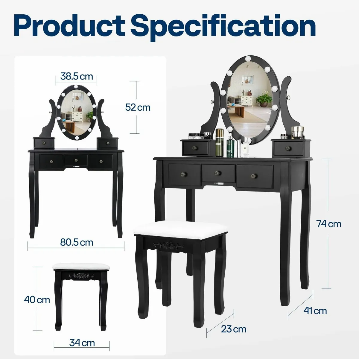 Makeup Vanity Set 10 LED Bulbs Dressing Table 360° - Image 2