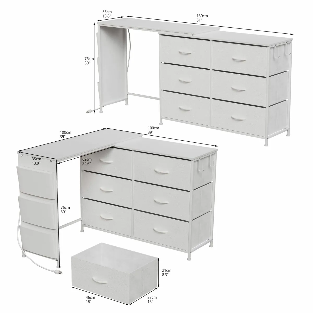 L Shaped Corner Dressing Table 6 Drawers & Side Po - Image 3