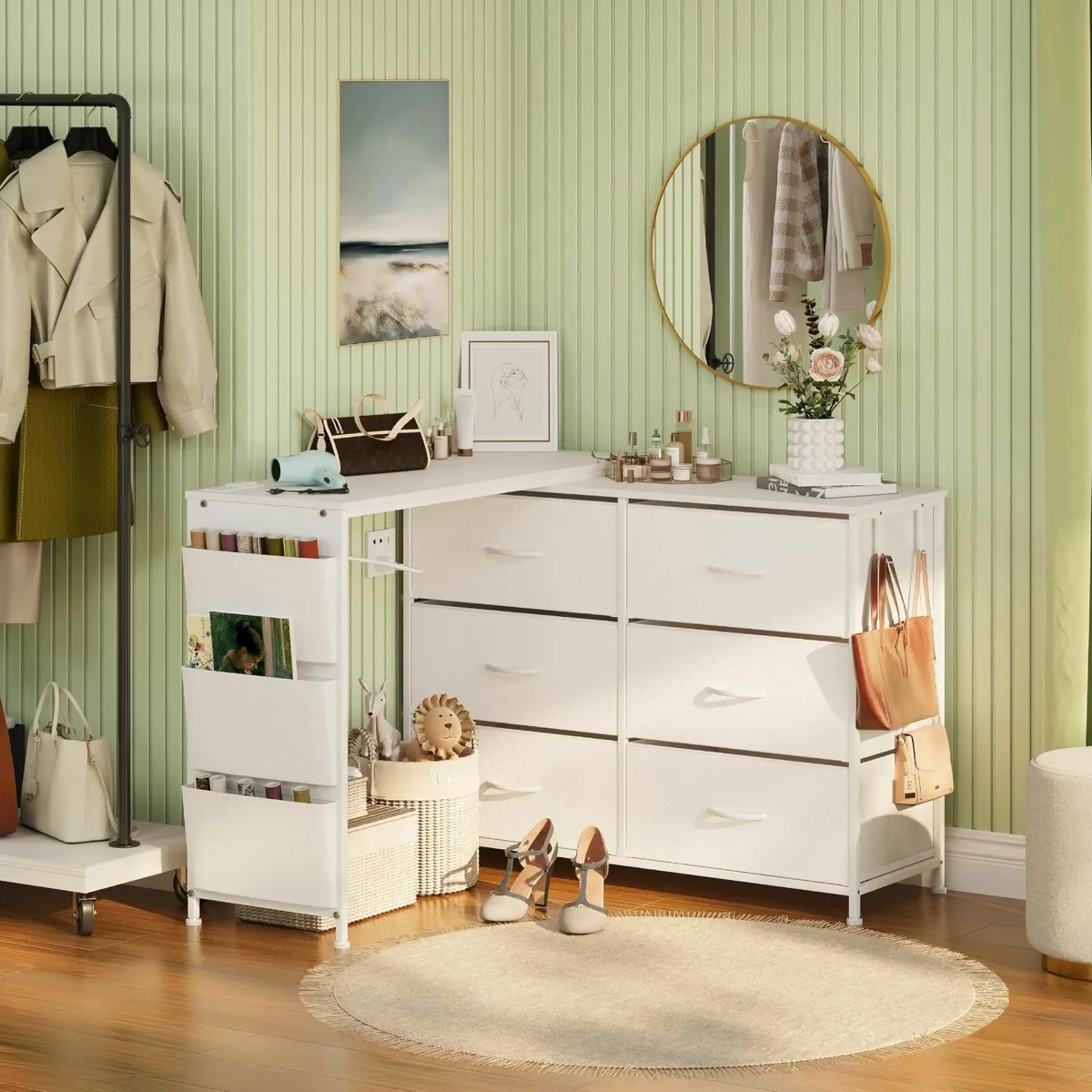 L Shaped Corner Dressing Table 6 Drawers & Side Po - Image 4