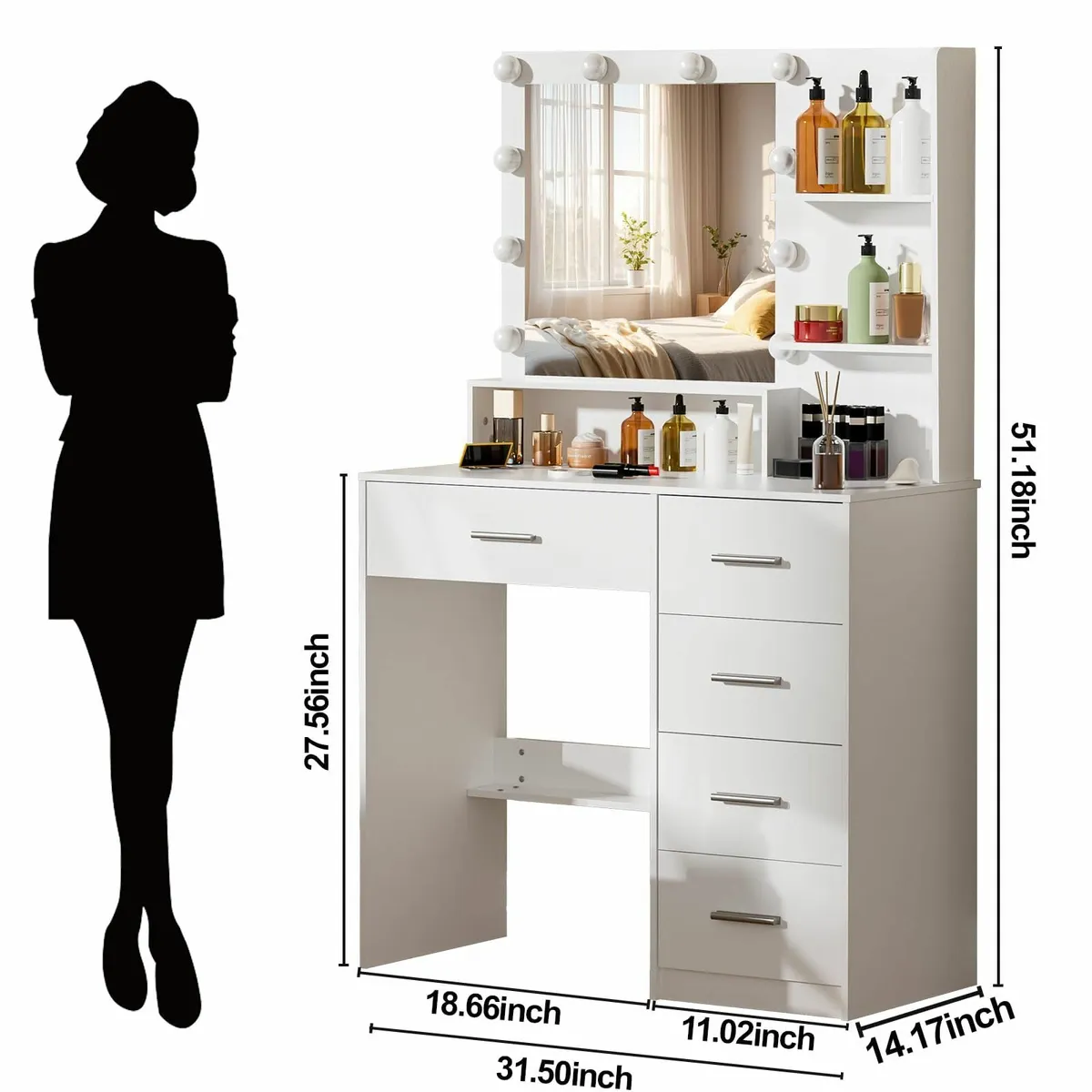 Makeup Dressing Table LED Mirror White Vanity Desk - Image 2
