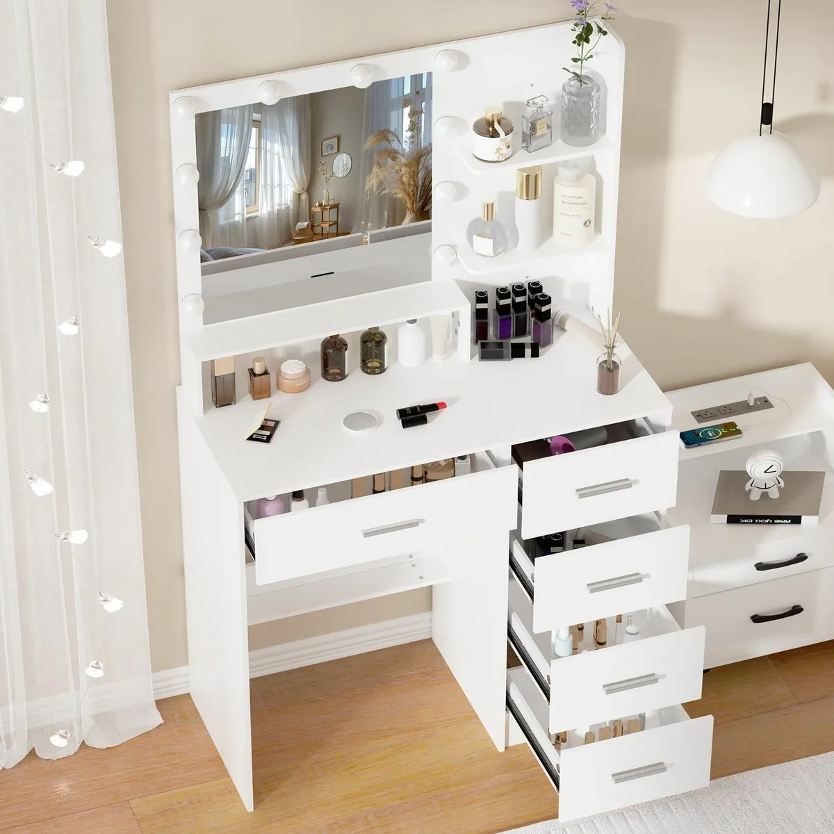 Makeup Dressing Table LED Mirror White Vanity Desk - Image 4
