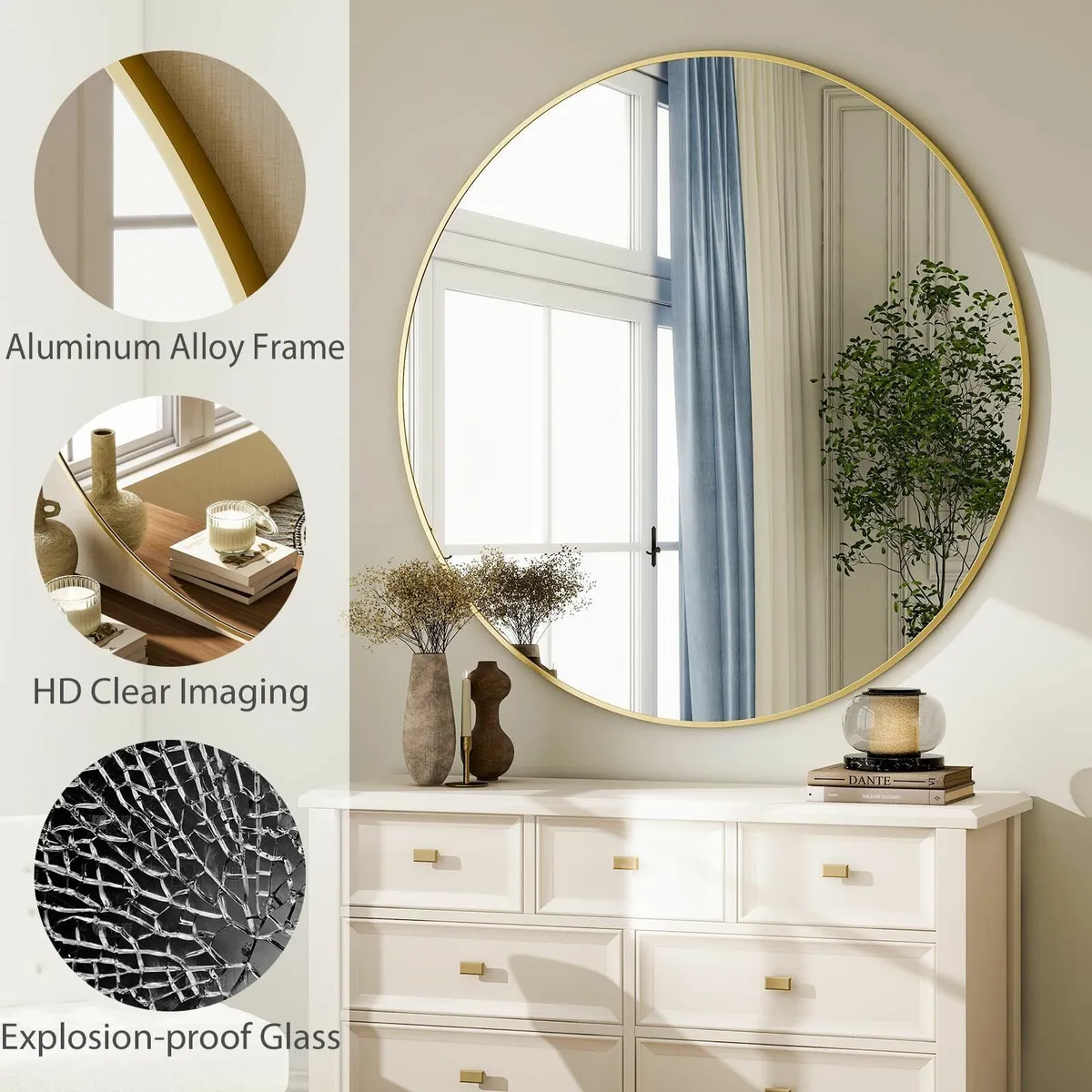 Round Mirror 60cm Wall Aluminium Alloy Frame HD Gl - Image 4
