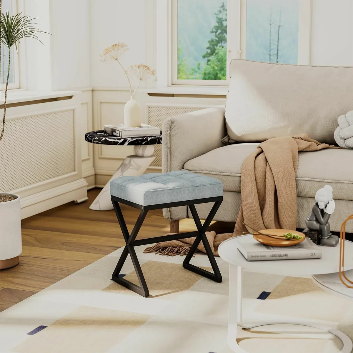 Vanity Stool Linen Footrest Square Ottoman Bench X - Image 2