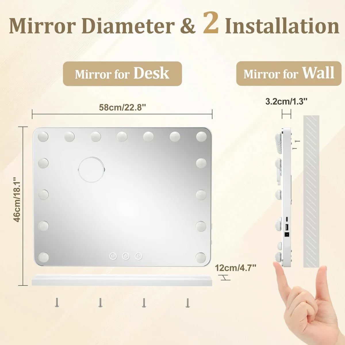 Hollywood Vanity Mirror for Makeup: 58x48 cm - 3 C - Image 2