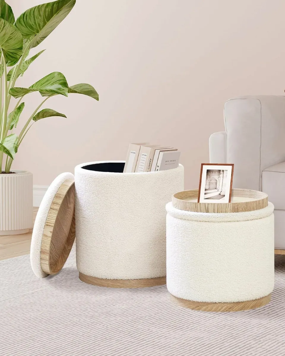 Round White Ottoman Storage Set of 2Makeup Vanity - Image 2