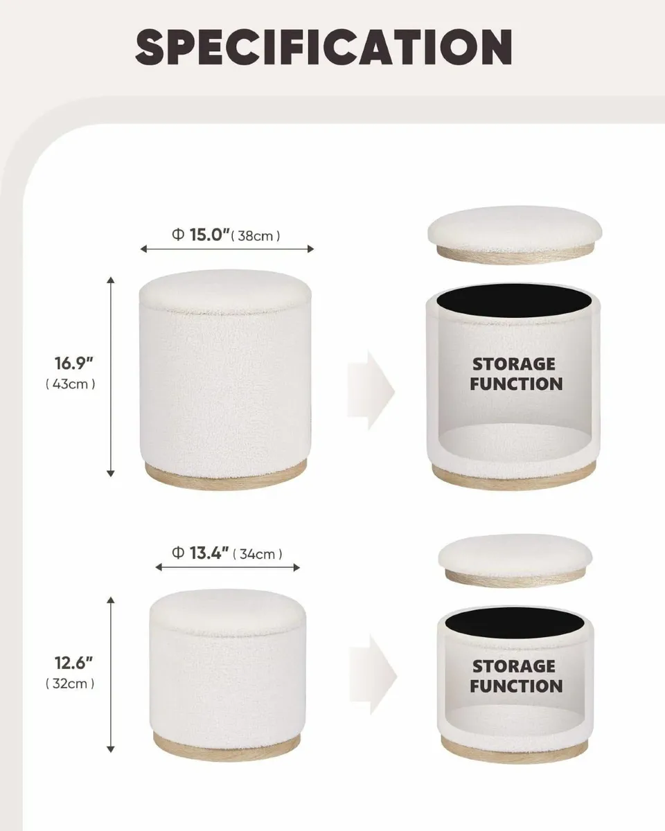 Round White Ottoman Storage Set of 2Makeup Vanity - Image 3
