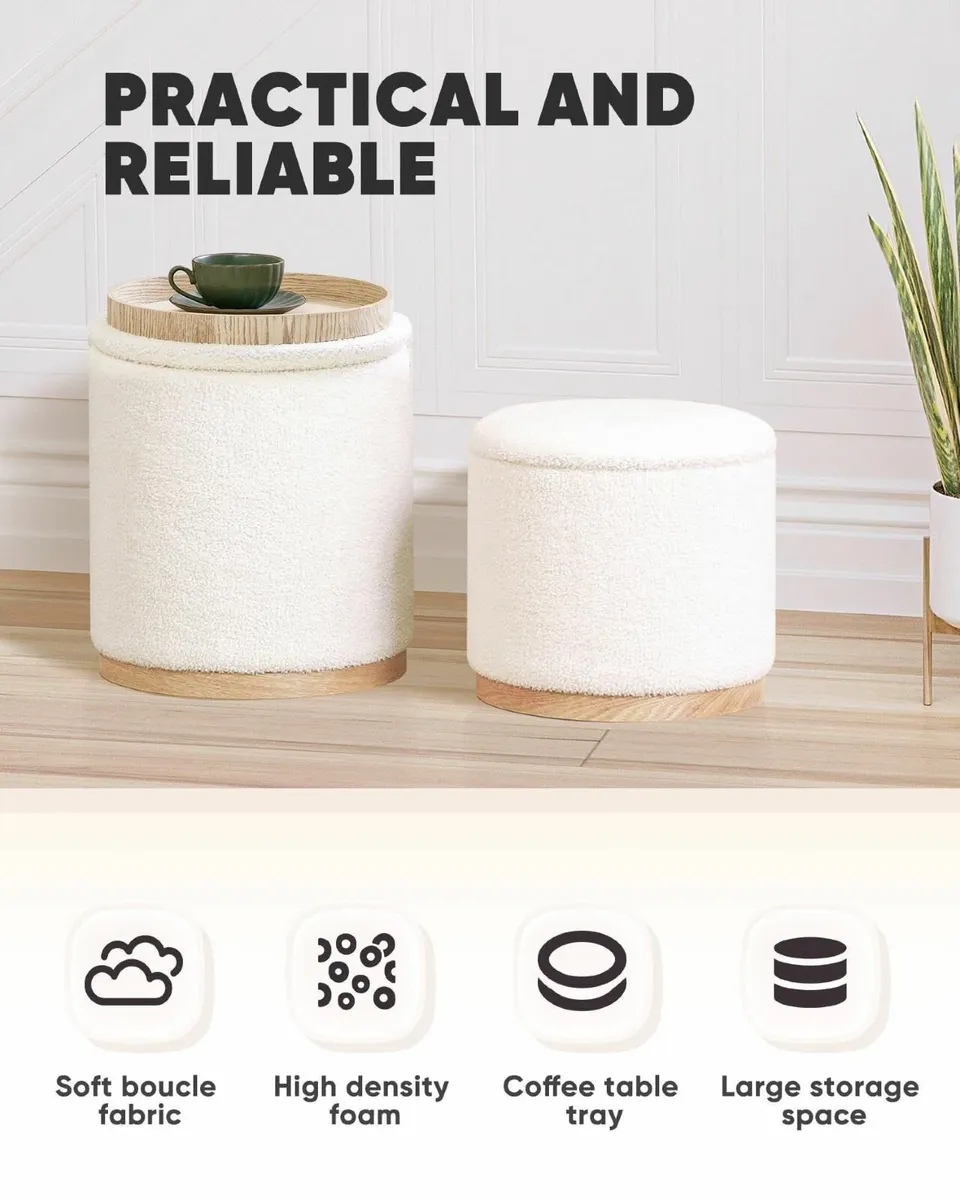 Round White Ottoman Storage Set of 2Makeup Vanity - Image 4