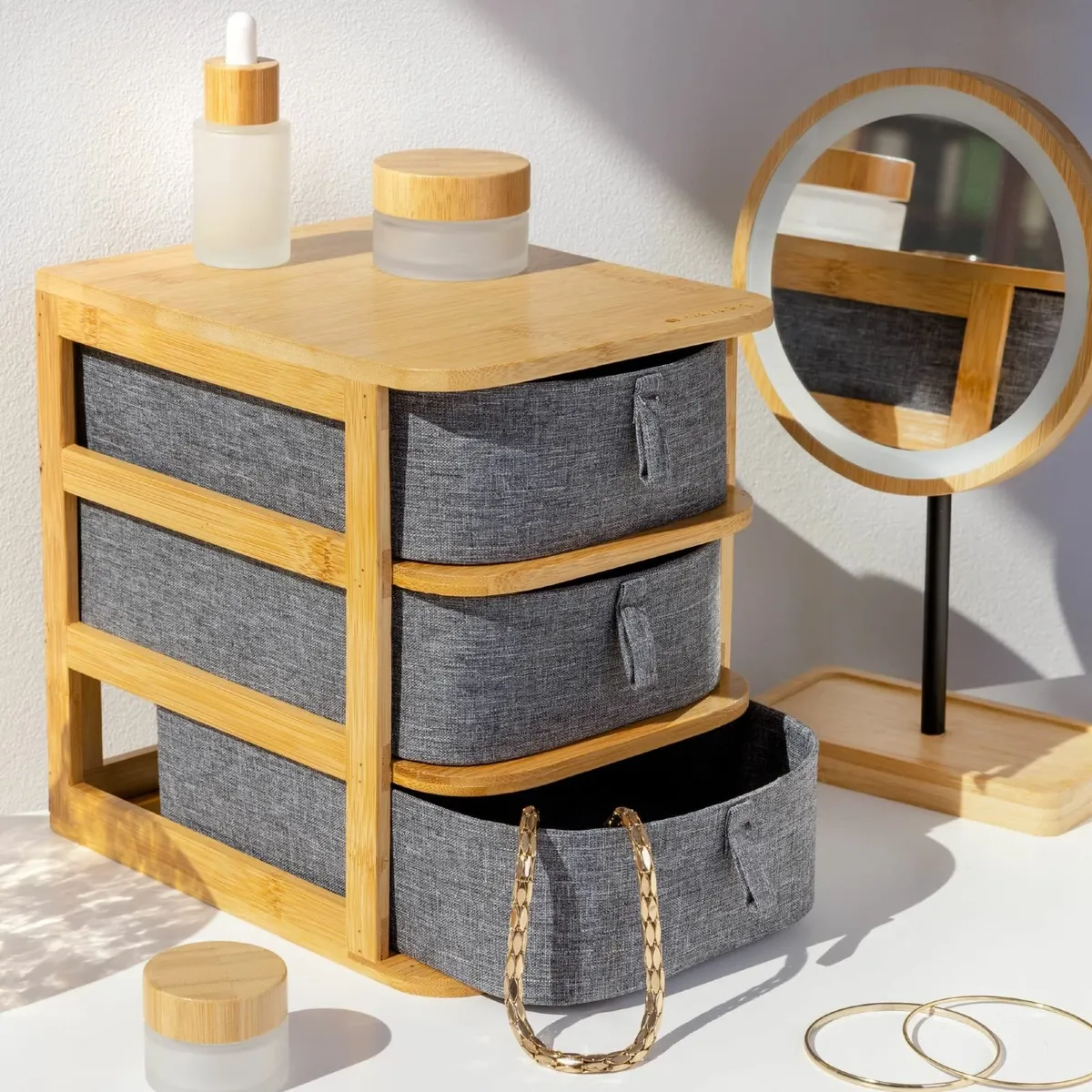 Makeup Storage Drawers - Bamboo Organiser and Grey - Image 2