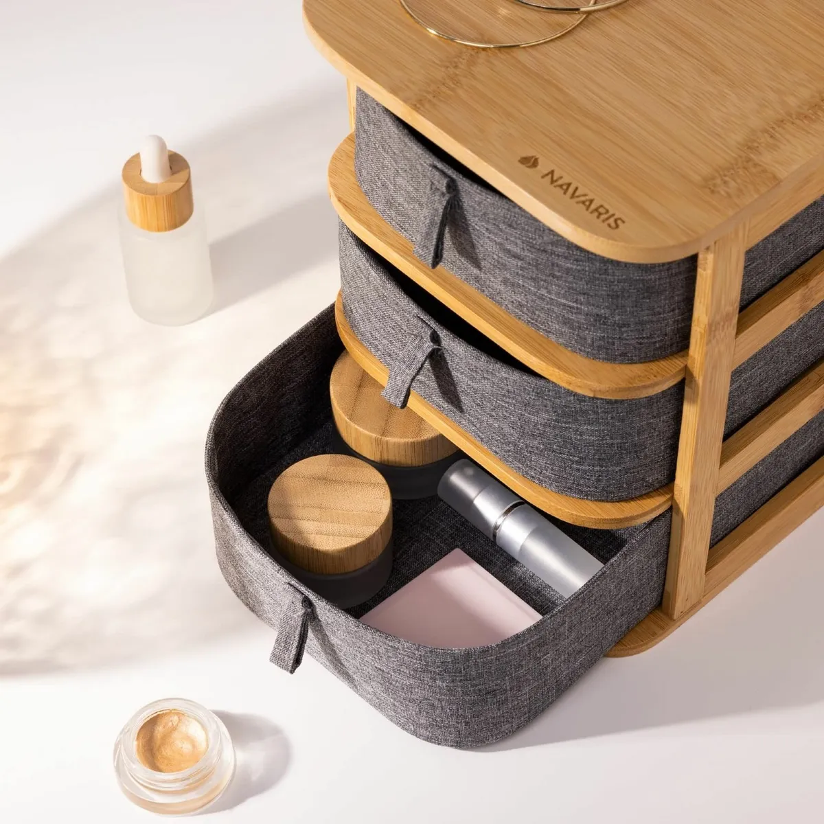 Makeup Storage Drawers - Bamboo Organiser and Grey - Image 4